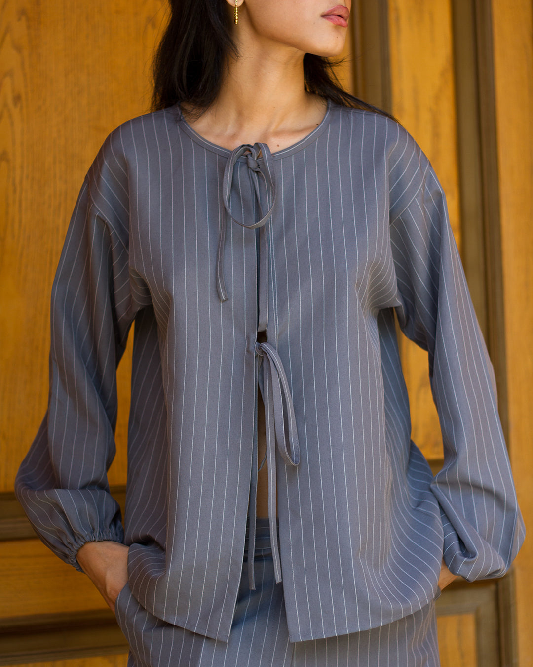 Grey Pinstripe Ribbon Shirt