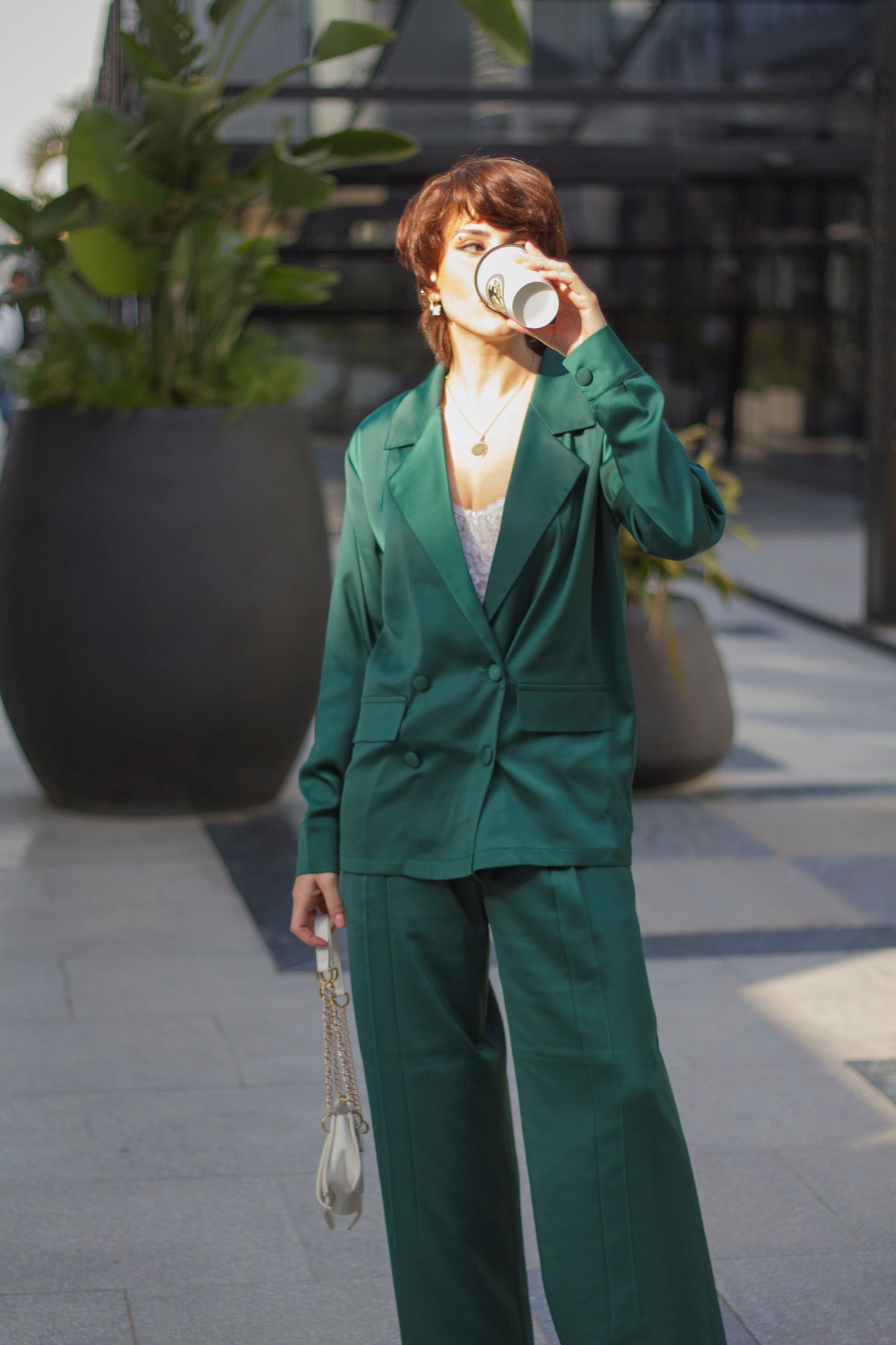 Emerald Satin Wide-Leg Pants