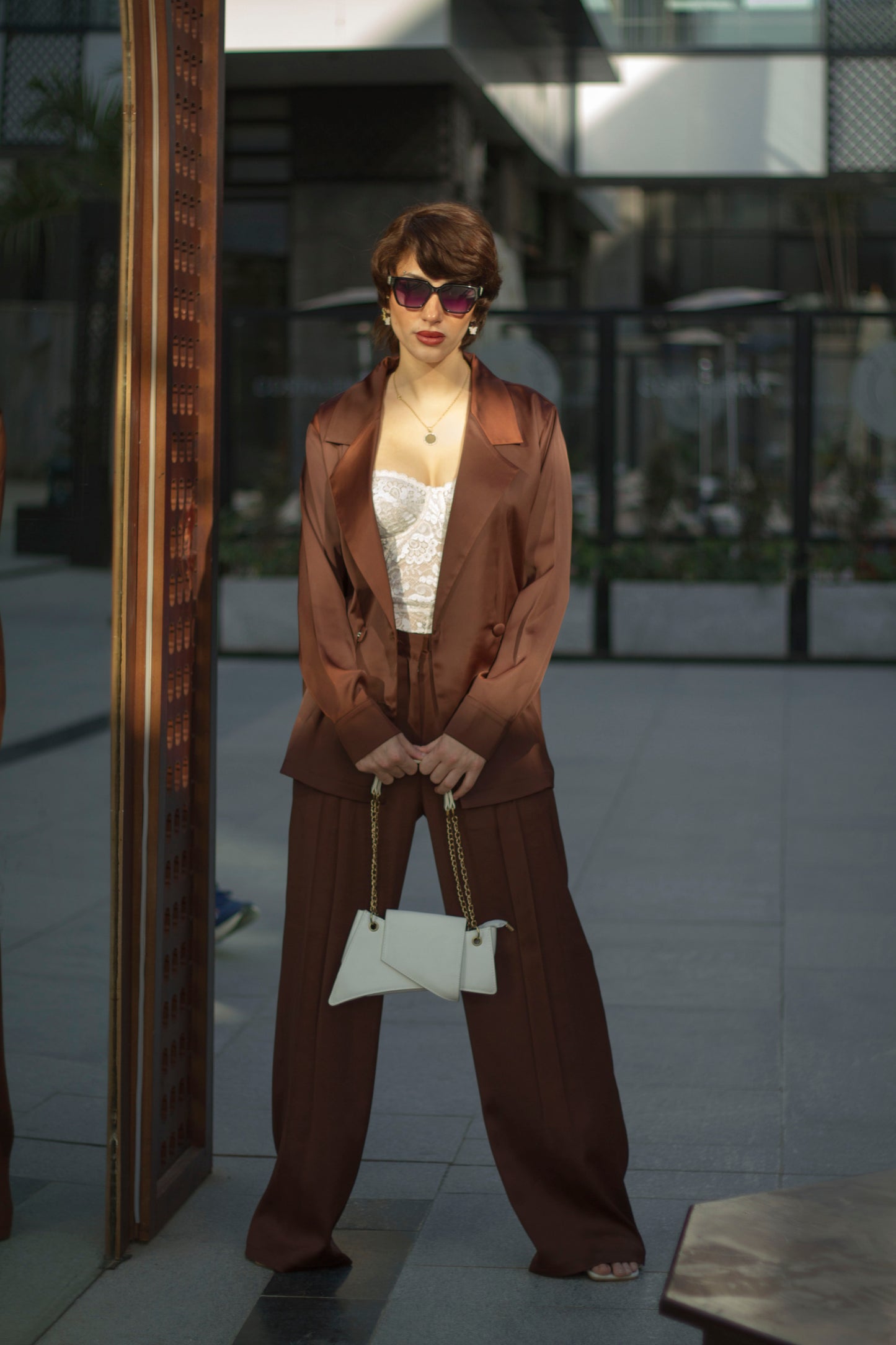 Chocolate Brown Satin Blazer Shirt