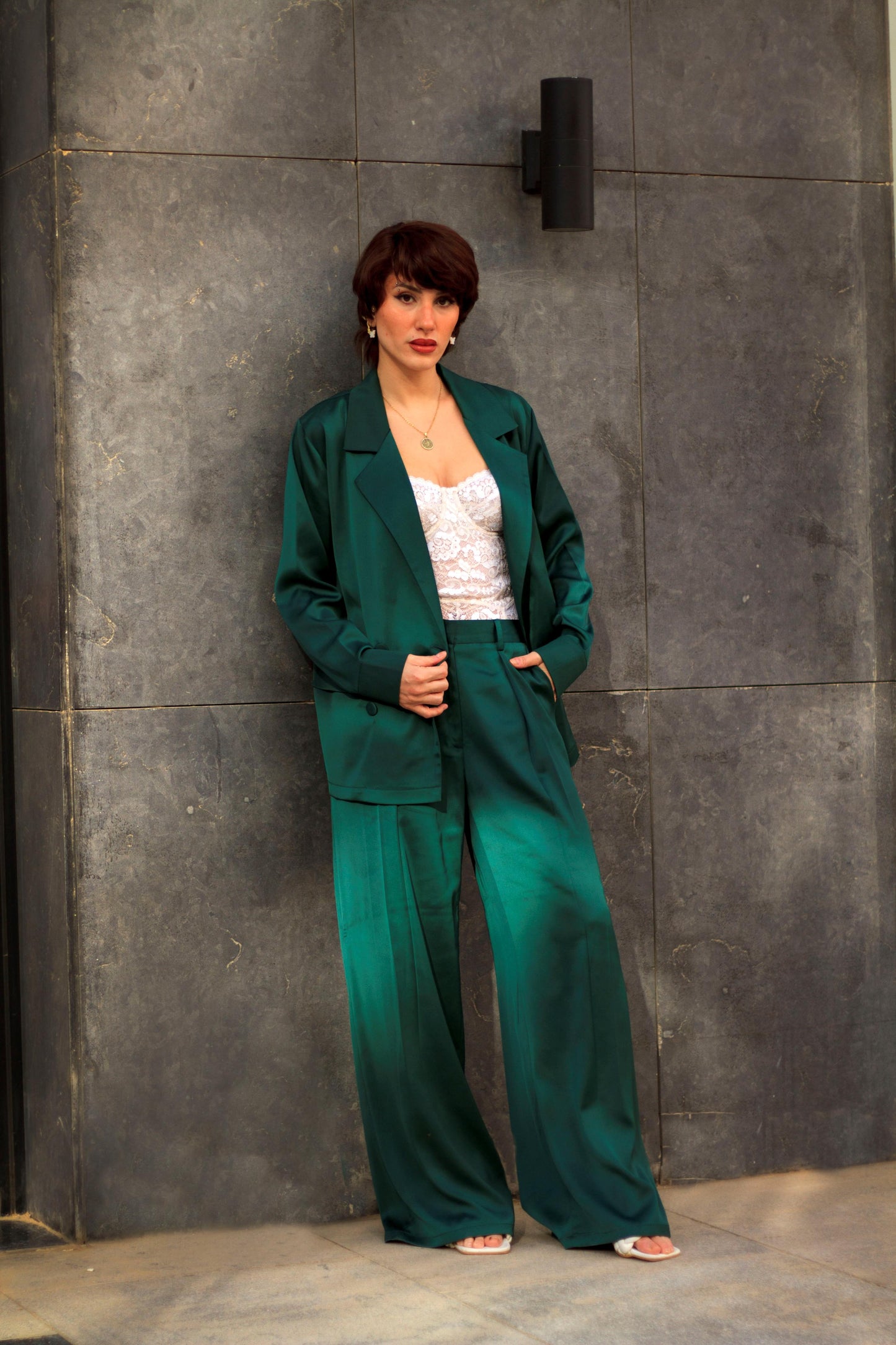 Emerald Satin Blazer Shirt