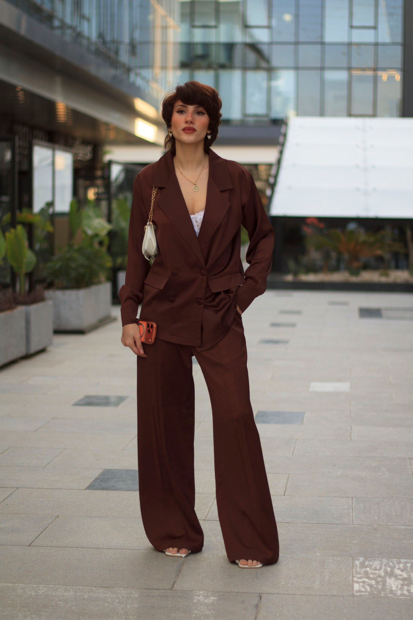 Chocolate Brown Satin Blazer Shirt