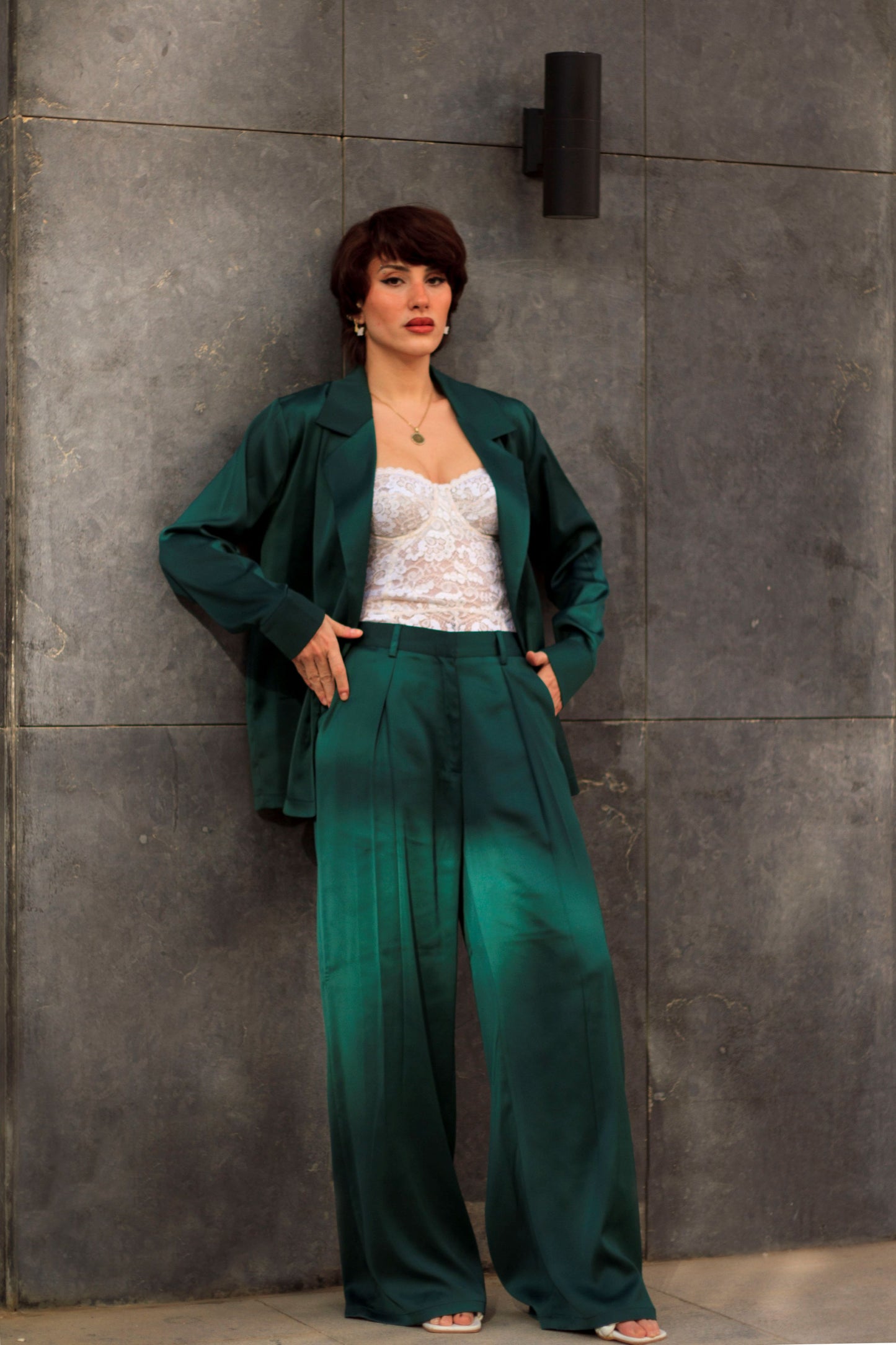 Emerald Satin Wide-Leg Pants