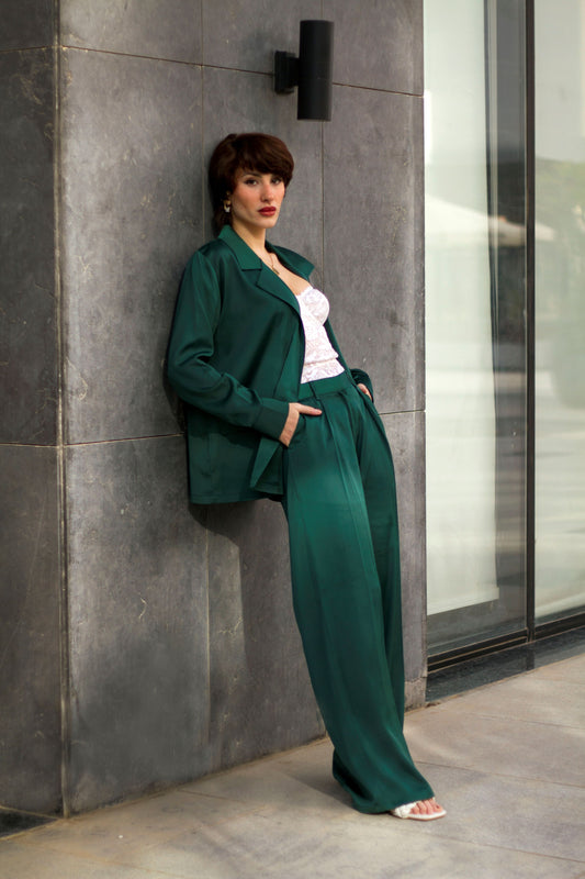 Emerald Satin Wide-Leg Pants