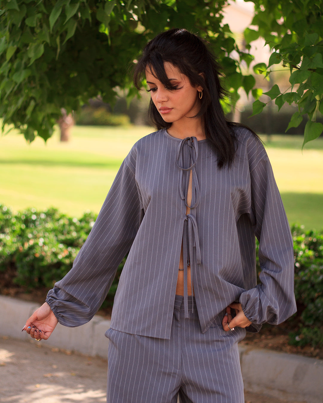 Grey Pinstripe Ribbon Shirt