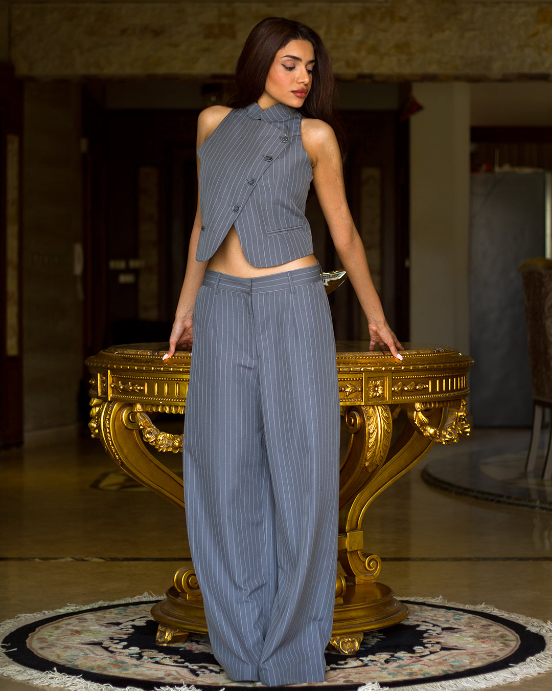 Grey Pinstripe Wide-Leg Suit Pants