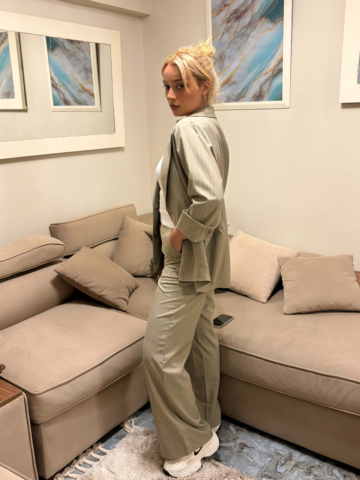 Sage Pinstripe Wide-Leg Pants