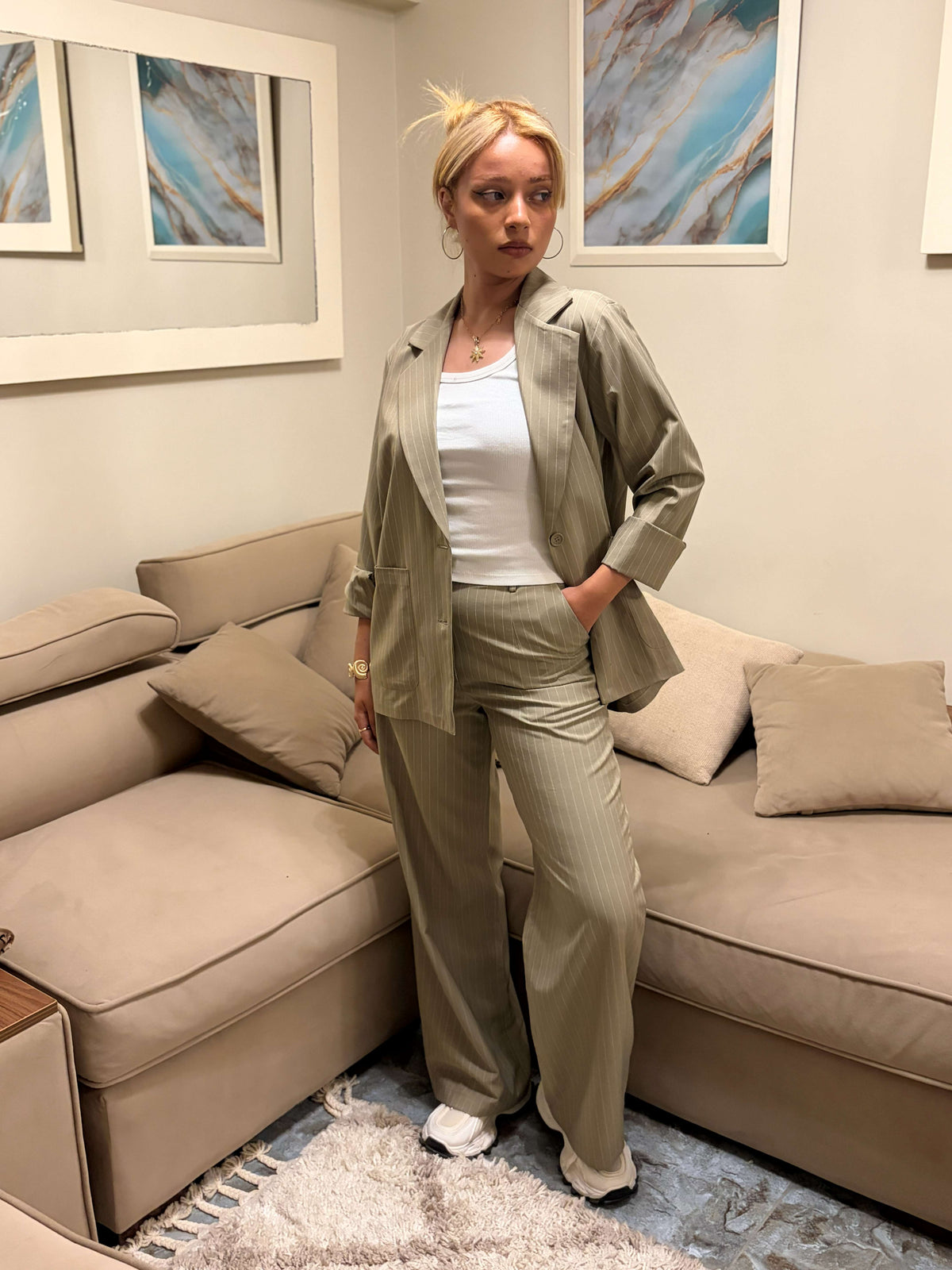 Sage Pinstripe Wide-Leg Pants