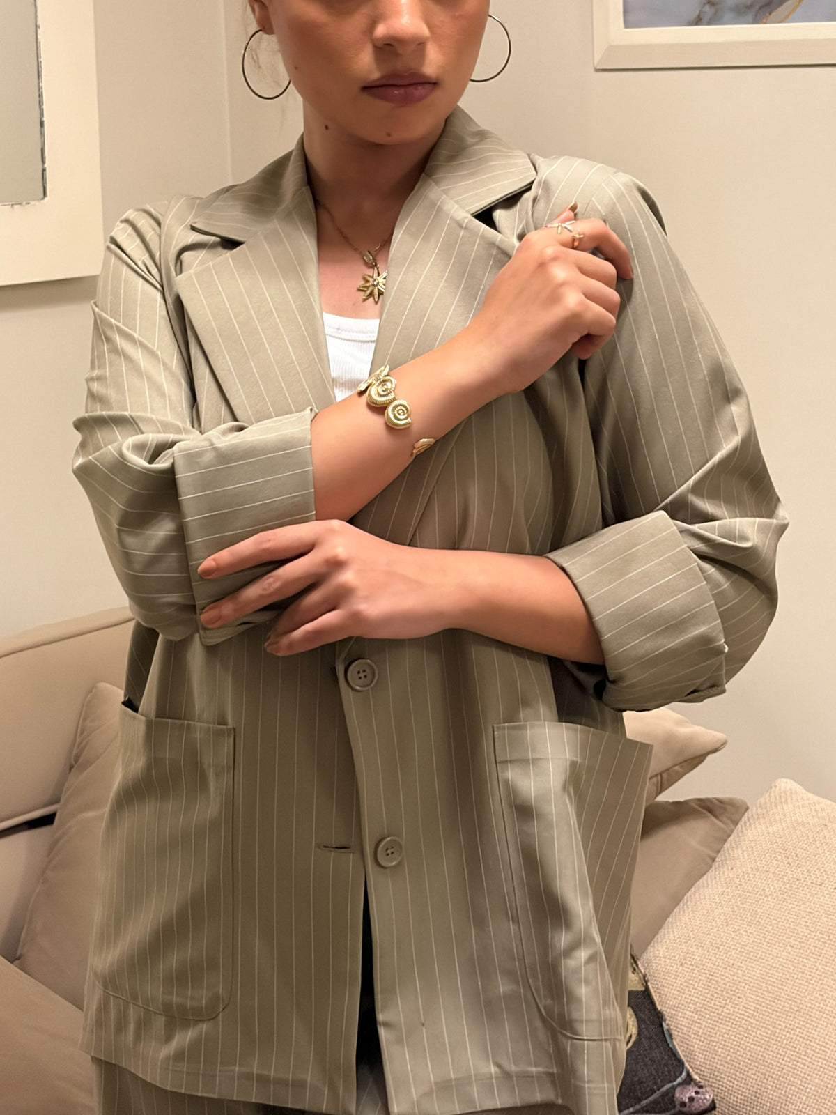 Sage Pinstripe Tailored Blazer Shirt