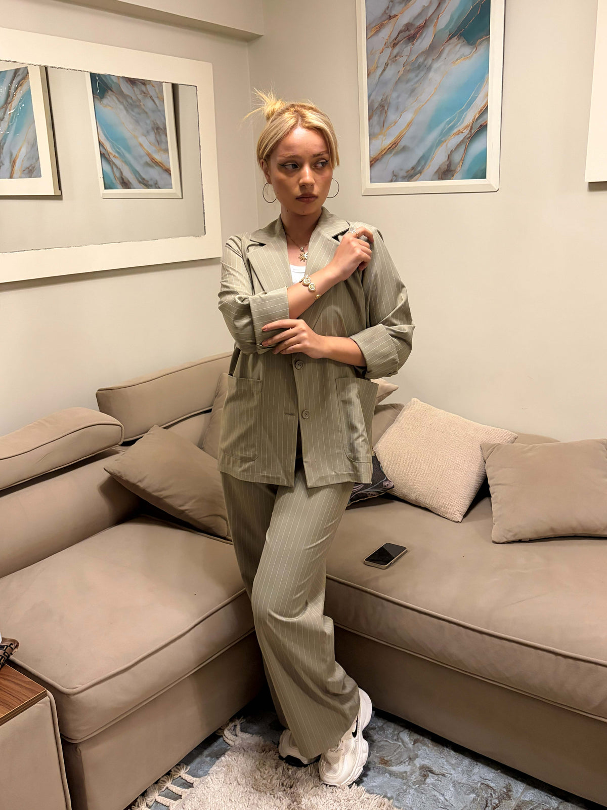 Sage Pinstripe Wide-Leg Pants