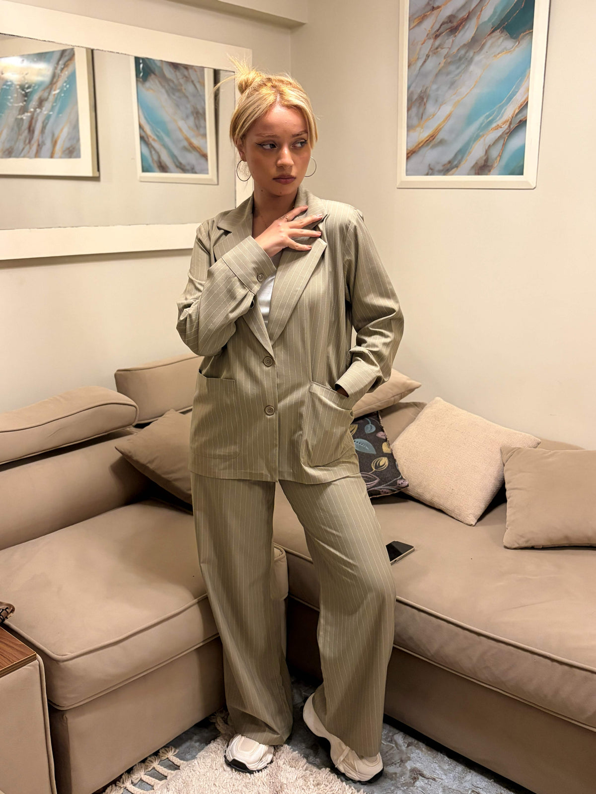 Sage Pinstripe Tailored Blazer Shirt