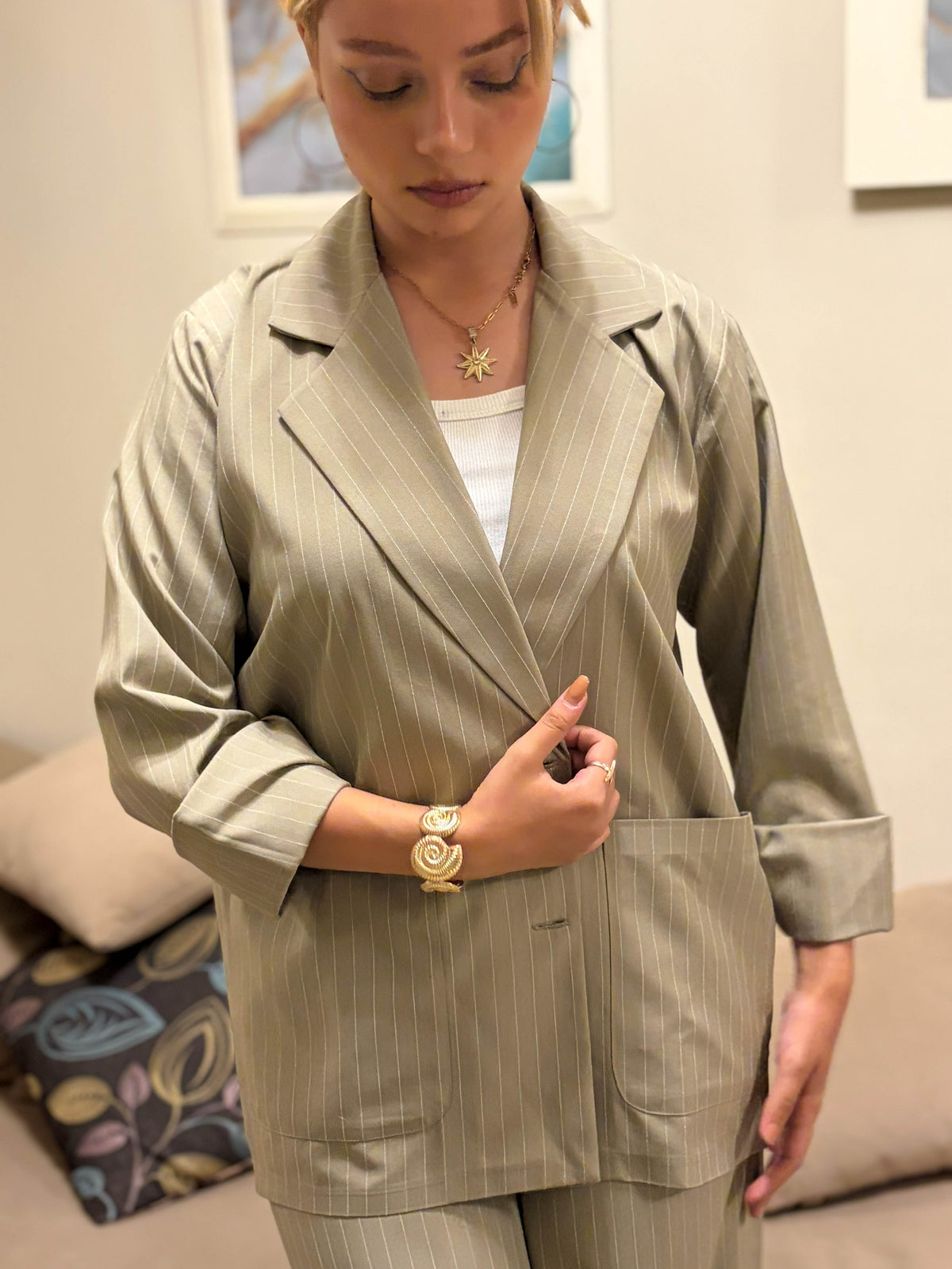 Sage Pinstripe Tailored Blazer Shirt