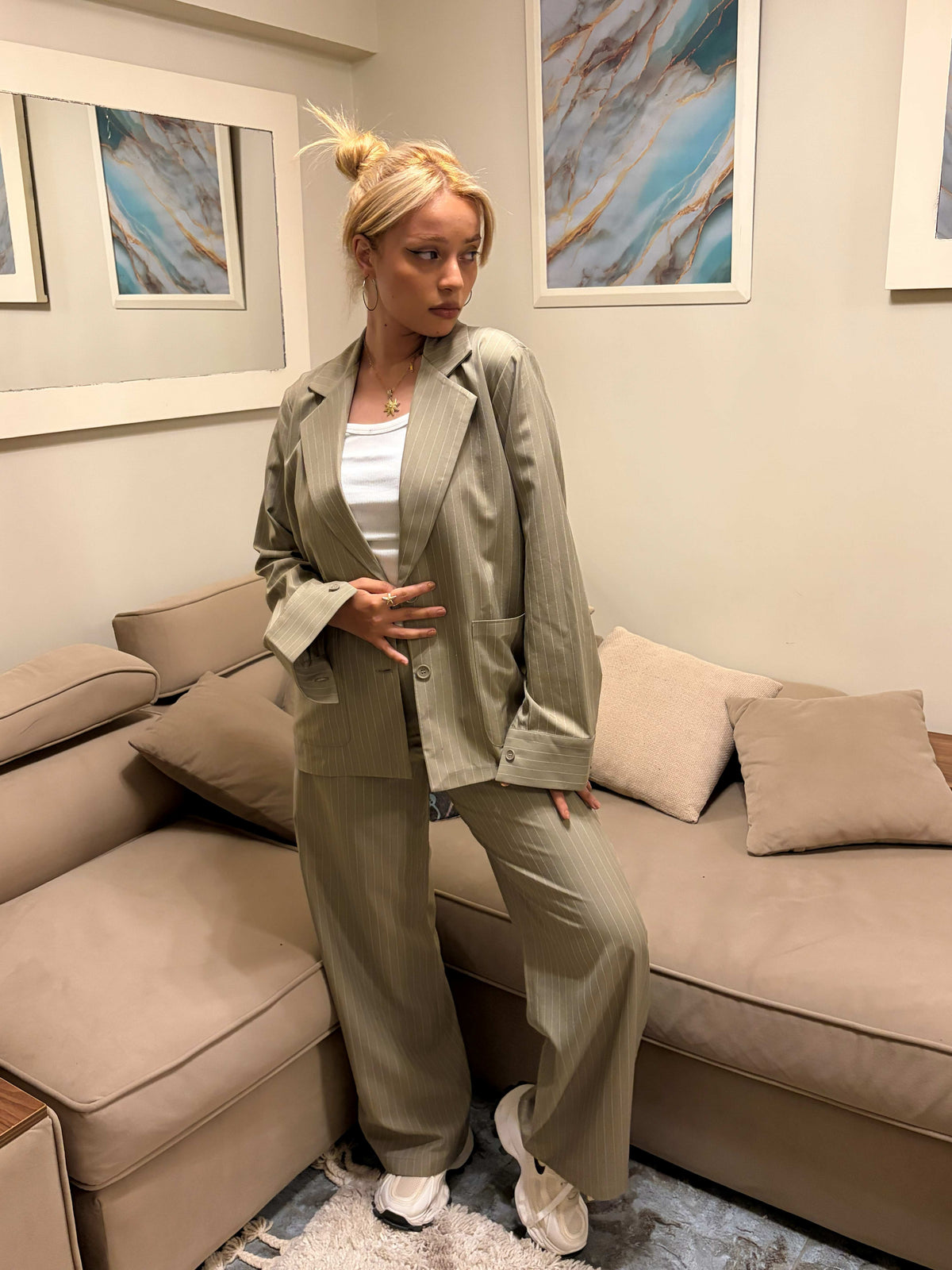 Sage Pinstripe Tailored Blazer Shirt